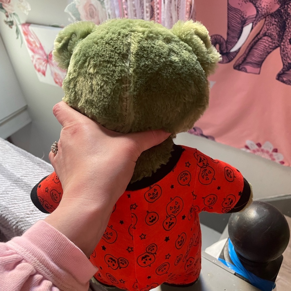Build a bear zombie bear Green Plush Bear with Orange Pumpkin Pajamas - Picture 3 of 4